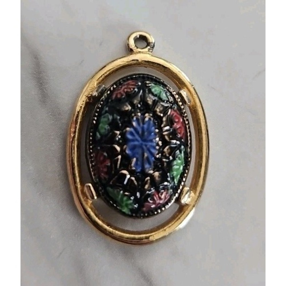 Sarah Coventry Hand Painted Pendant Gold Tone Floral Small